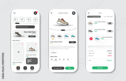 Online shoe store design for mobile applications. Shoe purchasing platform screen. Graphical user interface for responsive mobile applications