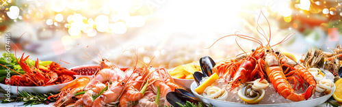 Seafood on ice banner Sustainability Environment Delicious Cuisine blurred background 