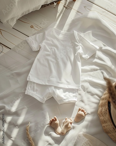 Hyper-Realistic Product Photo: White Baby Pajama Set on Light Wooden Boho Floor with Sunny Cozy Atmosphere（