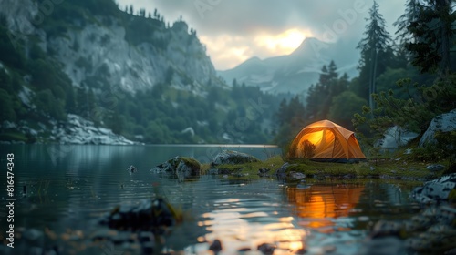 A solitary tent glows warmly by a serene mountain lake at dusk, reflecting the tranquil beauty of sustainable outdoor living. © DG