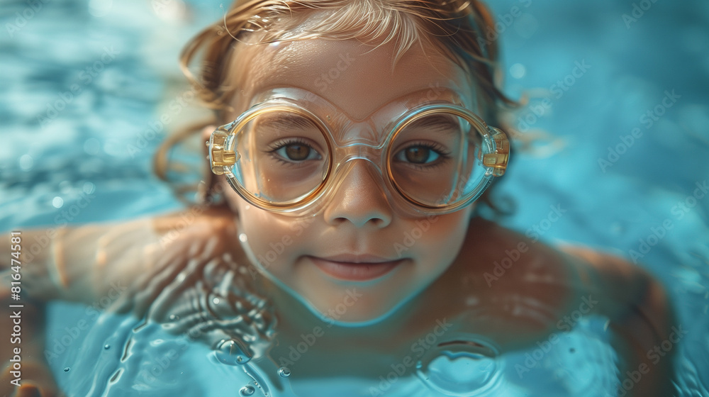 Cute girl in goggles enjoying pool time in clear blue water.