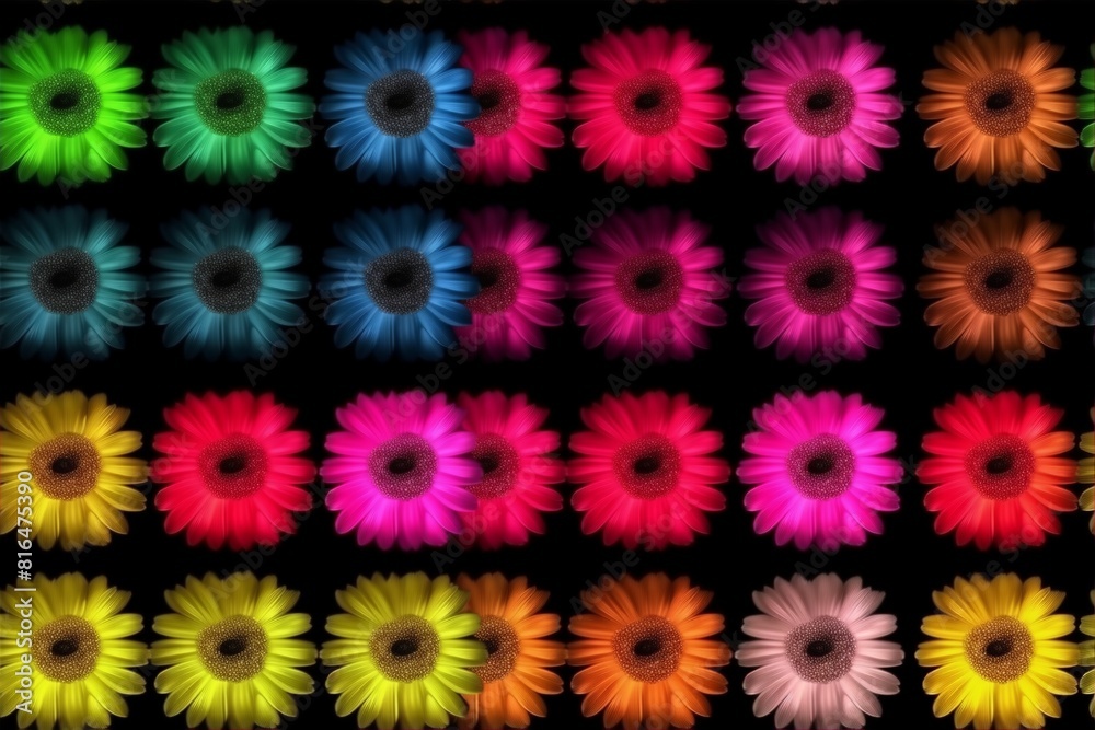 Seamless Pattern of Gerbera Daisies in Bright Gradients on Black Background Seamless Pattern of Gerbera Daisies in Bright Gradients on Black Background