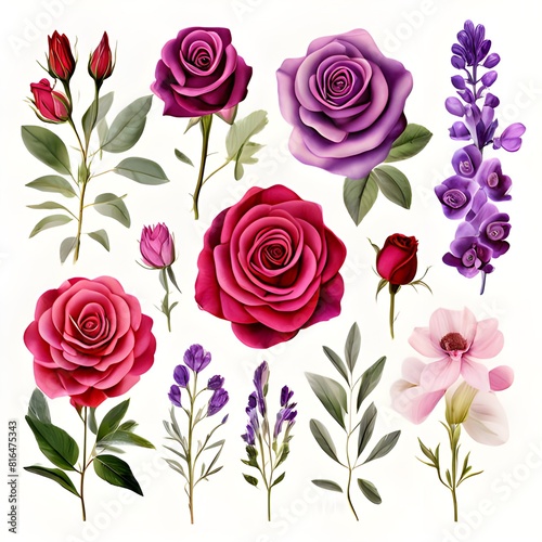 Collection set of colorful flowers top view on transparent background