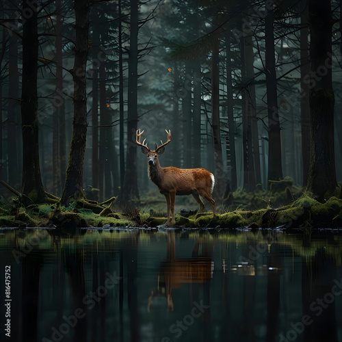 minimal cinematic a deer among the trees forest lake
