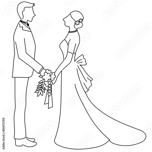 見つめ合う花嫁と花婿の線画のベクターイラストレーション