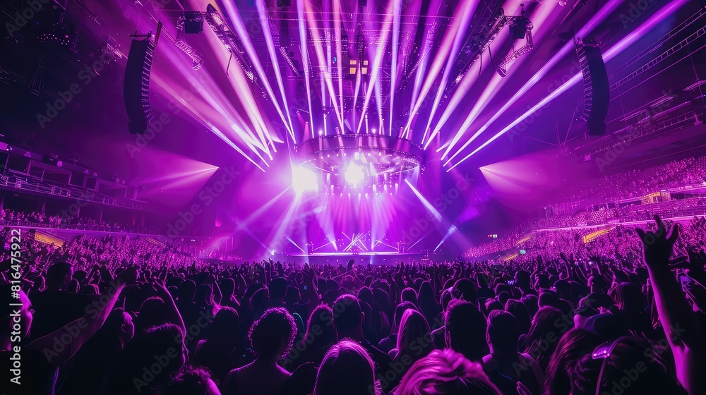 An engaging photo showcasing the thrill of a stadium concert, with the central stage adorned with purple laser lights and the exuberant crowd cheering and singing along with the music. An engaging photo showcasing the thrill of a stadium concert, with the central stage adorned with purple laser lights and the exuberant crowd cheering and singing along with the music.