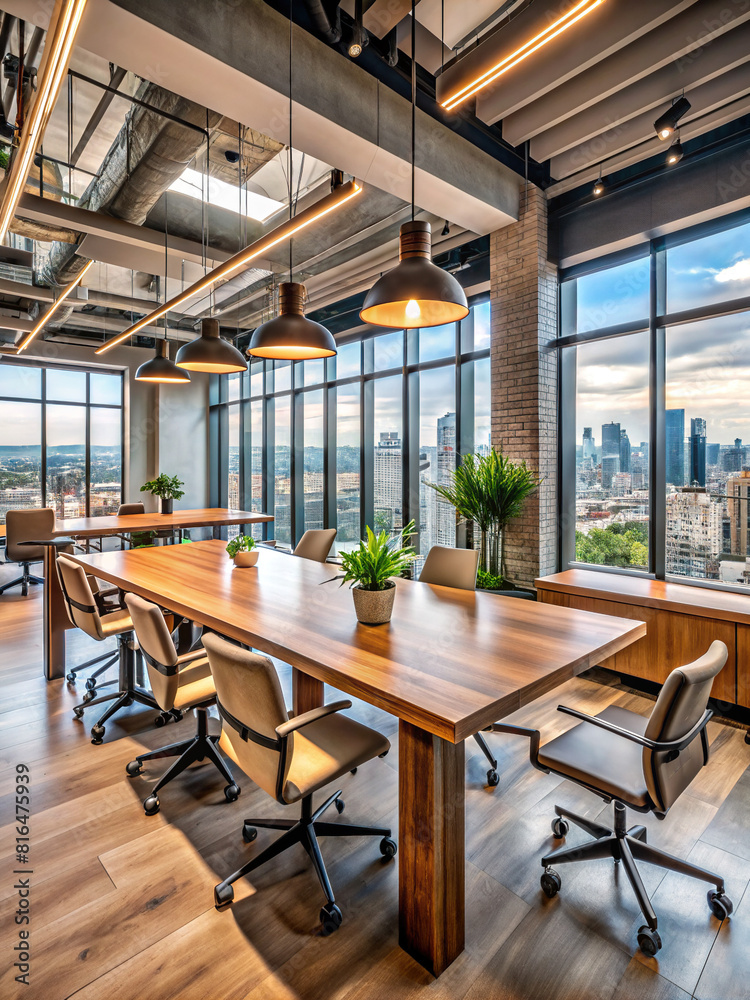 A contemporary coworking environment with warm wood finishes, cool concrete surfaces, and a panoramic window framing an urban cityscape.