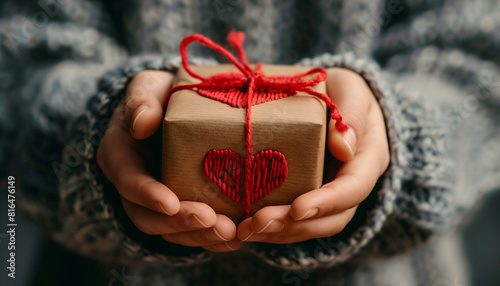 Closeup photo of hands presenting a beautifully wrapped gift with a red heart, symbolizing generosity and kindness on national give something away day photo