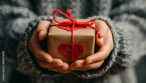 Closeup photo of hands presenting a beautifully wrapped gift with a red heart, symbolizing generosity and kindness on national give something away day