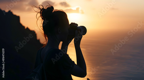 Silhouette of woman with camera Woman takes photo of La Gomera Island in the rays of the setting sun Tenerife Island : Generative AI