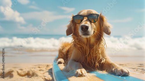 A beautiful sunglasses wearing golden dog rides in style on a surfboard setting on a sandy beach