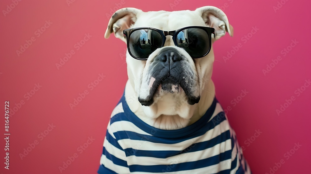 bulldog wearing striped shirt and sunglasses on colored background
