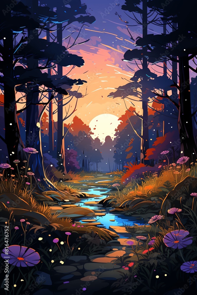 Fototapeta premium Daylight sparkle flat design side view forest theme cartoon drawing Tetradic color scheme