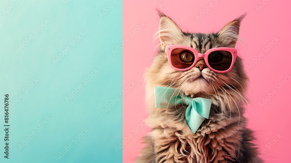 Cute cat with sunglasses and bow on colored background