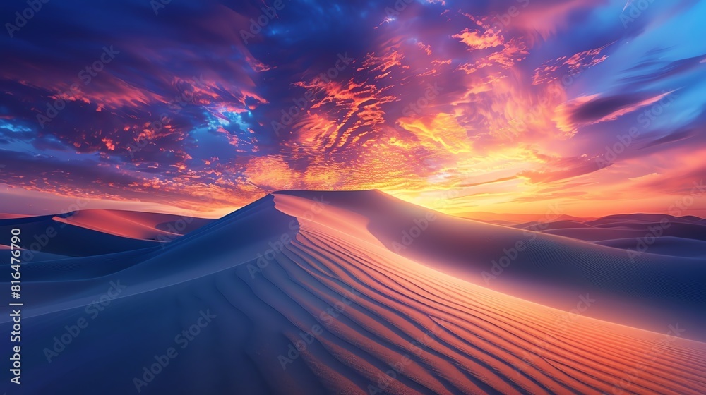 Desert landscape at sunset, dramatic sky with deep colors and stark, beautiful sand dunes