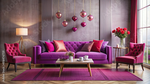A contemporary interior arrangement highlighting a chic purple sofa paired with viva magenta  pink  and red accessories  perfect for a Valentine s Day celebration.