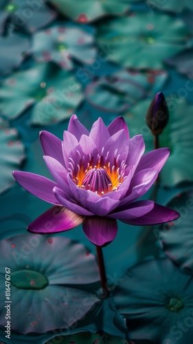 a purple lotus flower in full bloom  standing out against a serene background of water and green leaves. The vibrant purple petals make it a striking visual.