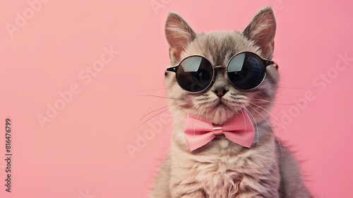 Cute cat with sunglasses and bow on colored background