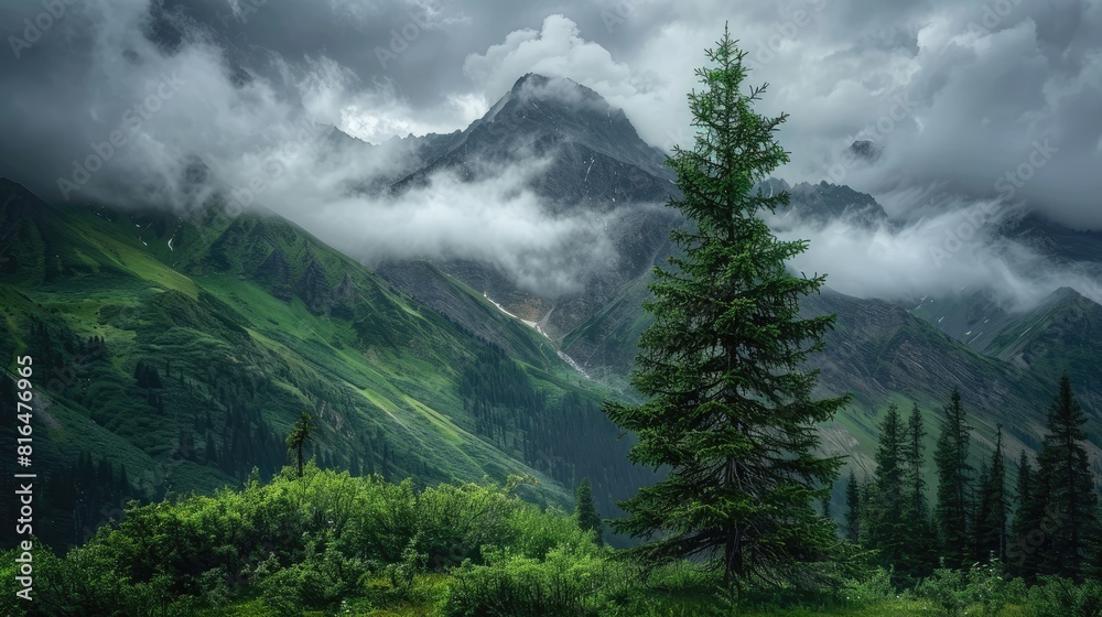 Fototapeta premium Pine tree standing tall in front of green mountains beneath a cloudy sky