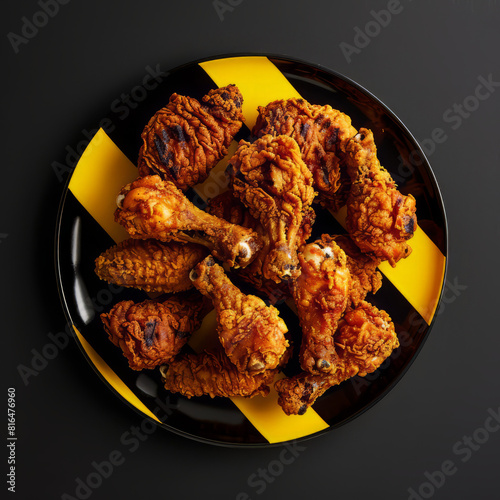 Fried chicken, perfectly cooked and golden brown, presented on an elegant black and yellow plate.
