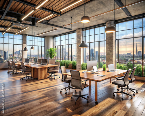 A contemporary coworking space featuring polished wooden floors  minimalist concrete walls  and floor-to-ceiling panoramic windows providing an expansive view of the bustling city below.