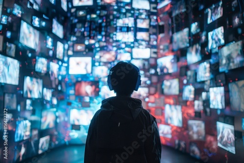 A person standing in front of an array of television screens, looking at the screens with various images and colors floating around them, representing digital media marketing.