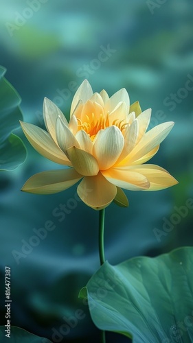 Radiant yellow lotus amidst a sea of green  captured up close in a pristine lake  symbol of purity and peace