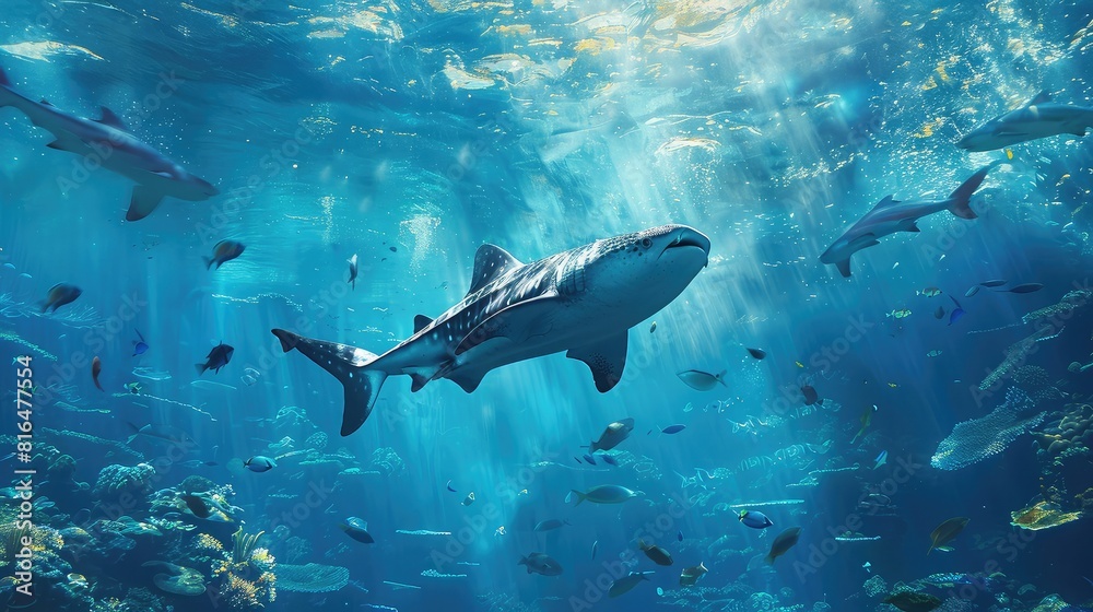 Obraz premium banner background of Fintastic Friday theme banner design for microstock, no text, and wide copy space, [A close-up of a ray's mouth and teeth, highlighting its feeding behavior]