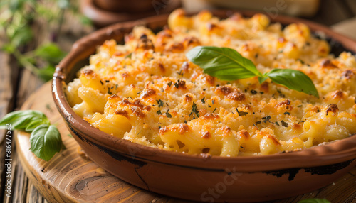 Delicious baked macaroni and cheese topped with fresh basil, presented in a charming ceramic bowl on a wooden surface, ideal for celebrating national mac and cheese day