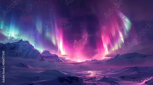 Majestic northern lights over a snowy landscape, vibrant auroras dancing in the night sky © nitiroj