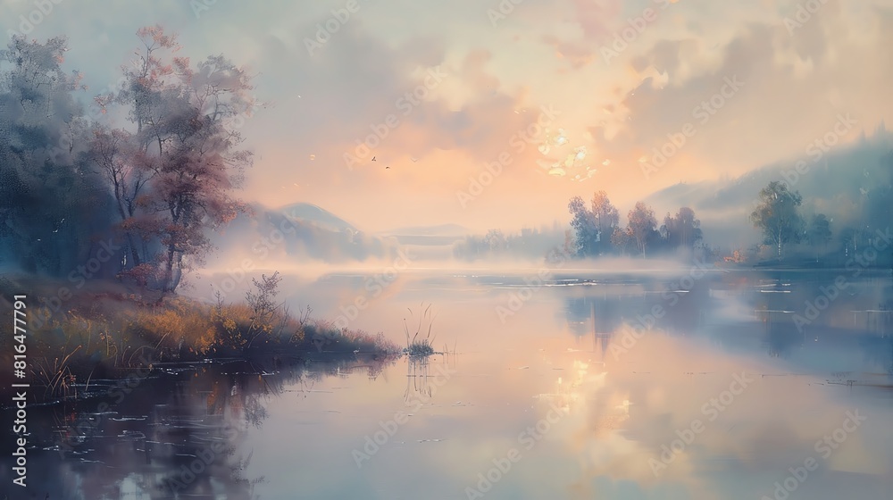Fototapeta premium Misty riverbank at dawn, soft colors and gentle fog enveloping the landscape with a serene atmosphere