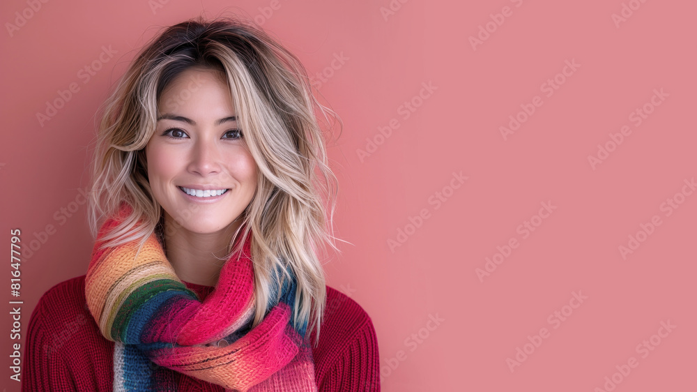Fototapeta premium Canadian woman wearing rainbow scarf at pride event isolate