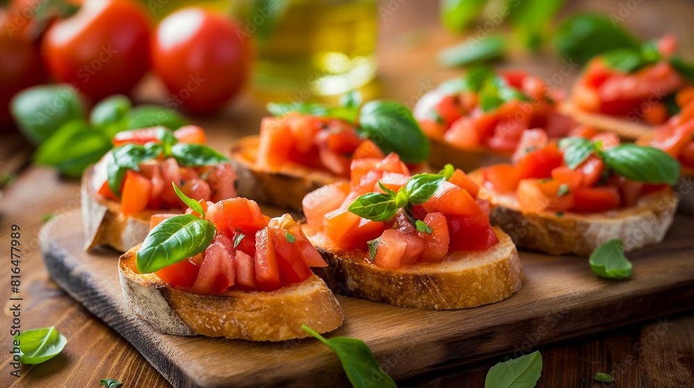 Traditional Italian Bruschetta on Rustic Wooden Table -- Culinary Illustration 