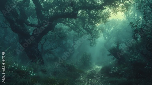 Mystical forest path with fog  ancient trees and a sense of wonder and mystery