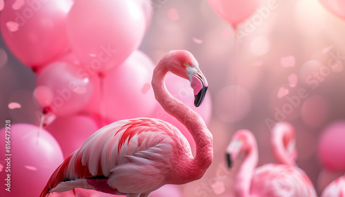 Vibrant image capturing the essence of national pink day with a majestic flamingo centered among pink balloons and soft focus background flamingos, evoking celebration and the grace of nature © JERSH