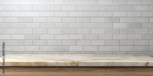 Stone table top and background of white ceramic tile wall
