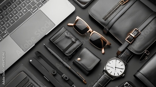 Workplace of business. modern male accessories and laptop on black background  photo