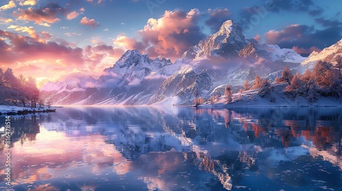Serene mountain lake at dawn, crystal clear water reflecting snow-capped peaks and a vibrant sky photo