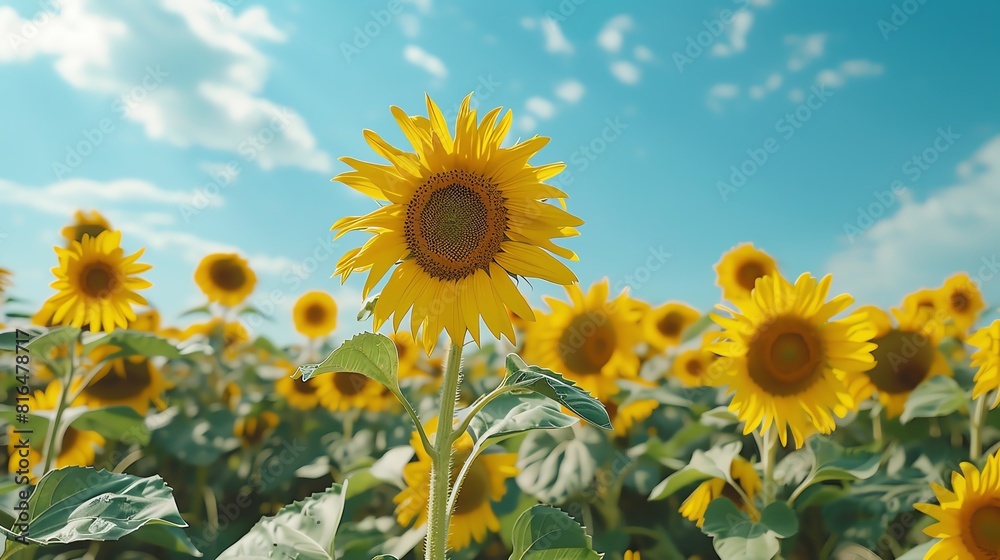 Sunflower field under a bright blue sky, vibrant yellow flowers and lush green leaves Sunflower field under a bright blue sky, vibrant yellow flowers and lush green leaves