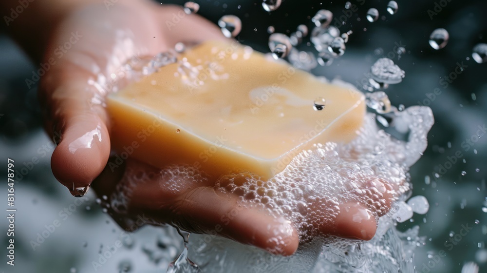 Fototapeta premium a hand holding a bar of natural soap, with water droplets forming