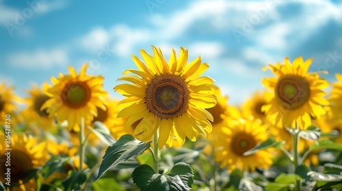 Sunflower field under a bright blue sky  vibrant yellow flowers and lush green leaves