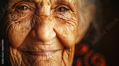 A close-up of an elderly woman s face  