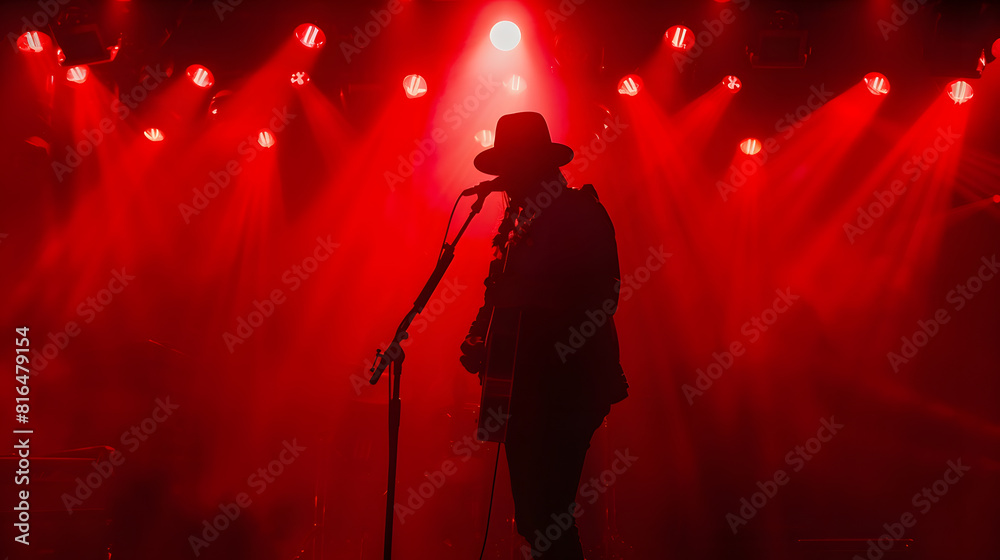 The silhouette of a musician standing on stage surrounded by bright red strobe lights bathed in the glow of stage lights Musician with guitar : Generative AI