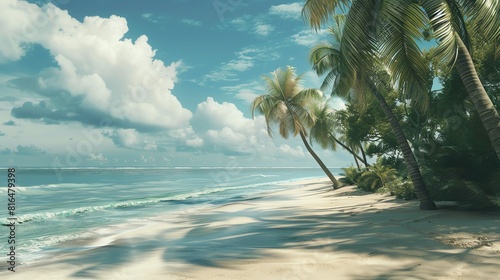 Amazing beach landscape with white sand  palm trees and blue ocean. Relaxing and peaceful atmosphere  perfect for a vacation destination.