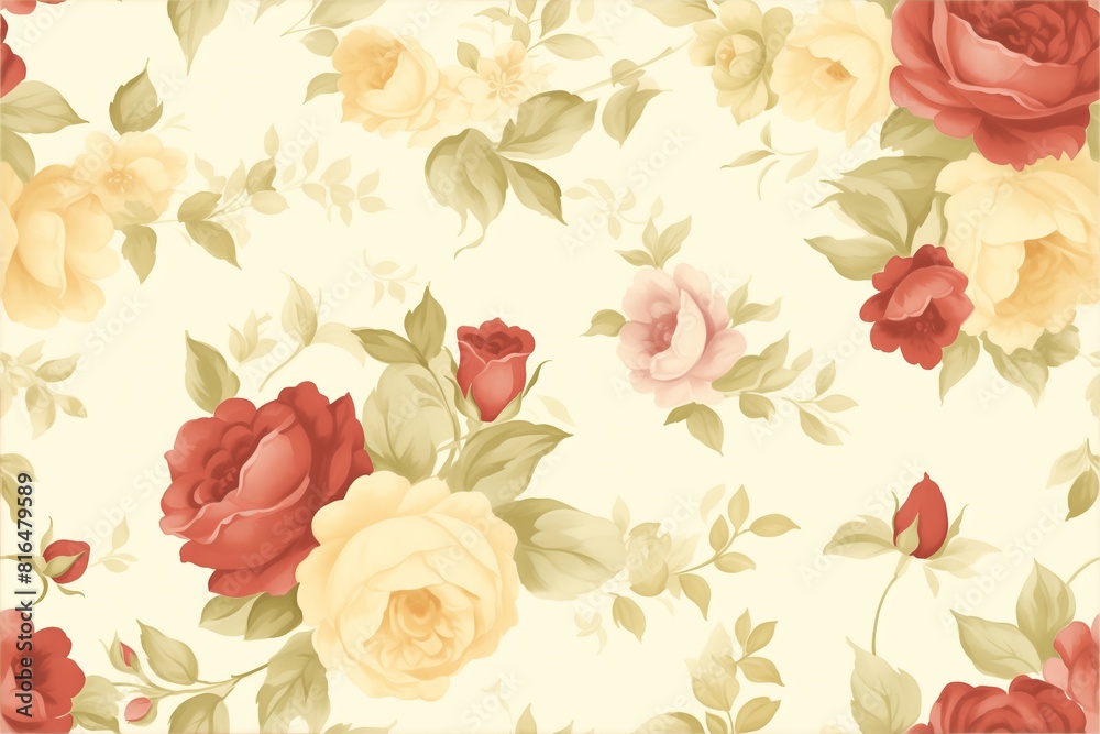 Seamless Watercolor Rose Pattern with Leaves background