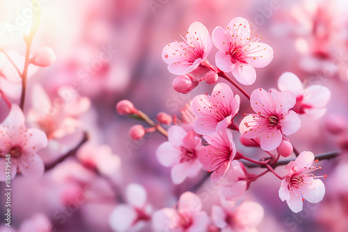 Spring background with pink blossom. Beautiful nature scene with sakura flower blooming and sun flare