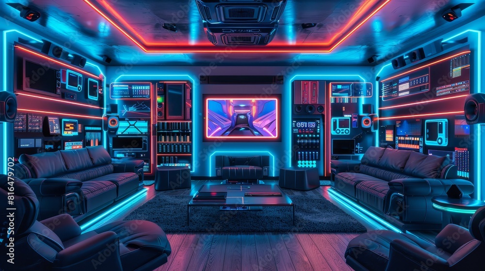 Futuristic interior room with high technology and luxury style Futuristic interior room with high technology and luxury style