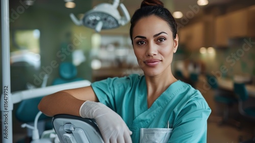 A confident and professional female dentist wearing scrubs and gloves,  photo
