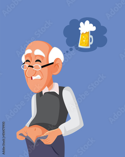 Senior Man Having Excessive Belly Fat from Alcohol Vector Illustration. Elderly person abusing alcoholic drinks suffering weigh gain
