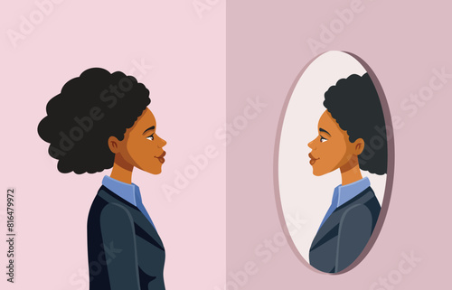 Confident Businesswoman Looking in the Mirror Vector Character. Strong woman boosting her self esteem looking with self confidence at herself 
